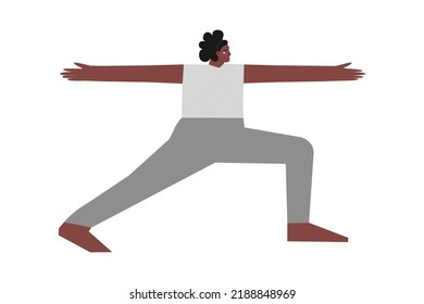 Vector isolated illustration with flat female character. Sportive african american woman learns Standing posture Virabhadrasana II at yoga class. Fitness exercise - Warrior II