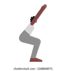 Vector Isolated Illustration With Flat Female African American Character. Sportive Woman Learns Strengthening Posture Utkatasana At Yoga Class. Fitness Exercise - Chair Pose