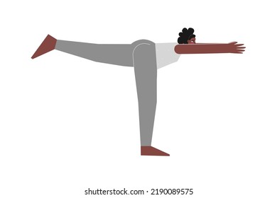 Vektorgrafik einzeln mit flachem weiblichem Charakter. Sportive afrikanische Amerikanerin lernt Balancing Haltung Virabhadrasana III in der Yoga-Klasse. Fitnessübung - Krieger 3