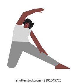 Vector isolated illustration with flat female african american character. Sportive woman learns Standing posture Parighasana at yoga class. Fitness exercise - Gate Pose