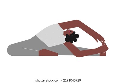 Ilustración aislada de vectores con carácter femenino plano. Una afroamericana deportiva aprende la postura de la parroquia Janu Sirsasana en la clase de yoga. Ejercicio de aptitud física - Cabeza giratoria a la cadera de rodilla