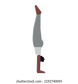 Vector isolated illustration with flat female african american character. Sportive woman learns Balancing posture Adho Mukha Vrksasana at yoga class. Fitness exercise - Handstand Pose