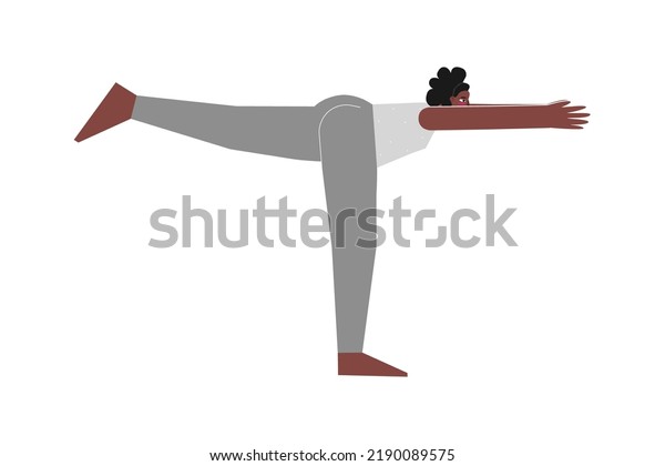 Vector isolated\
illustration with flat female character. Sportive african american\
woman learns Balancing posture Virabhadrasana III at yoga class.\
Fitness exercise - Warrior\
3