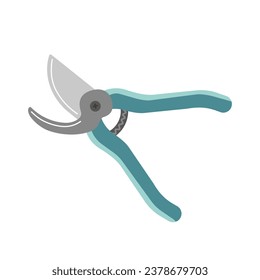 Vector isolated illustration with flat metal garden pruning shears, steel blades, green handles. Cutters are equipment for caring for plants, flowers. Stylish tool for cutting leaves. White background