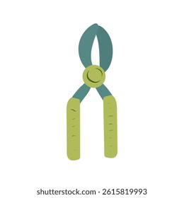 Ilustração isolada do vetor com tesouras de poda de jardim de metal plano, lâminas de aço, alças verdes. Cortadores são equipamentos para cuidar de plantas, flores. Ferramenta elegante para cortar folhas. Fundo branco