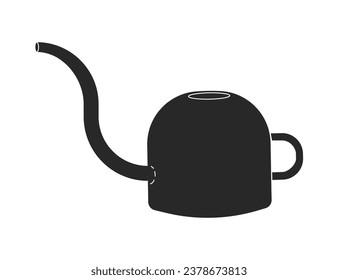 Vector isolated illustration with flat metallic watering can, black shape. Pot is equiment to care and add fertilizer for plants and flowers. Stylish dishware to boil tea or cook coffee