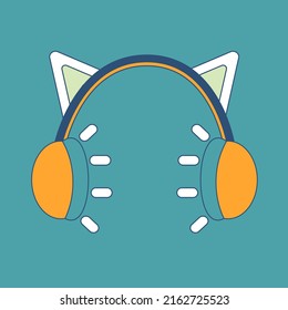 Vector isolated illustration of a flat minimal headset icon with cat ears. Teal background. Music symbol