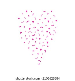 Vector isolated illustration with flat pink heart silhouette as love symbol. Decoration created from lines, abstract shapes. Template for design of Saint Valentine's day. White background