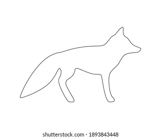Vector isolated illustration. Flat profile silhouette of fox standing on all legs. Black outline. She has big bushy tail (brush), triangular ears, pointed snout. Side view is on white background