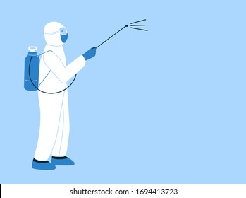 Ilustración vectorial aislada en estilo plano. Cuarentena de coronavirus. Cartel, plantilla de folleto con lugar vacío para texto. Hombre limpiando traje de hazmat, desinfectando. Descontaminación en lugares públicos