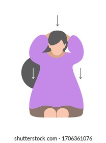 Ilustración vectorial aislada en estilo plano. Ejercicios en el cuello de una chica con la cabeza inclinada. Baja esto con las manos. Concepto creativo. Color púrpura. Fondo blanco.