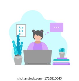 Vector isolated illustration in flat style. Sitting little girl with laptop. Online distant education with class in quarantine time, making homework. Home schooling system. Plants, books are on desk