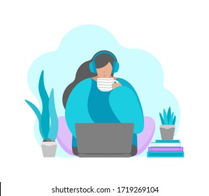 Vector isolated illustration in flat style. Adult girl is sitting with laptop, headphones and cup of coffee at home. Online education or distant work in quarantine time. Freelance lifestyle