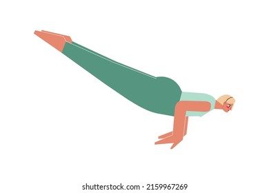 Ilustración aislada de vectores con carácter femenino joven y plano. Mujer rubia solidaria aprende Mayurasana de postura en clase de yoga. Ejercicio de fitness para principiantes - pose de pavo real