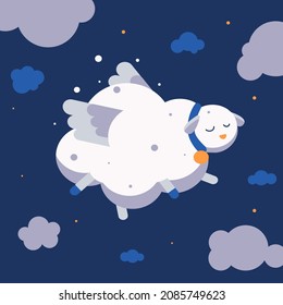 Vector isolated illustration of a flying sheep and clouds in a night sky. Colorful flat art. Fantasy, cute lamb character, sleep and dream