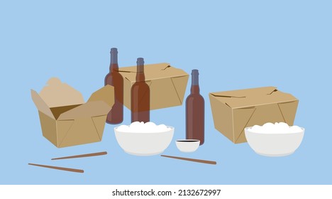 Vector Isolated Illustration of Food Take Away, with Beer. Vector flat editable illustration