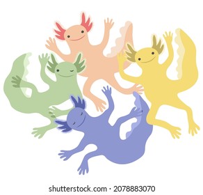 Vector isolated illustration of four colorful axolotls. Playful cute amphibians swimming together.
