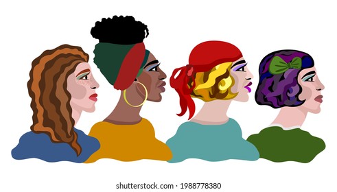 Vector isolated illustration of four different women: redhead with freckles, black with tall hair and round earring, blonde wearing red bandana and brunette with green ribbon in hair.