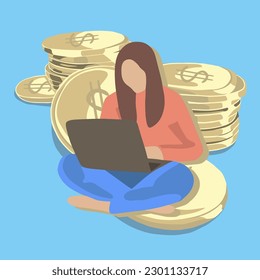 Vector isolated illustration of a freelancer girl making money online. Online earnings. Remote work income. A woman with a laptop sits on a pile of coins.