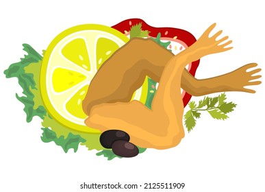 Vector isolated illustration of french traditional food, frog's legs with vegetables.