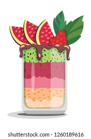Vector isolated illustration of a fresh fruit smoothie. Healthy cocktail. Figs, mint, raspberry, avocado, kiwi, strawberry. Green, red, purple. Refreshing lemonade. EPS 10