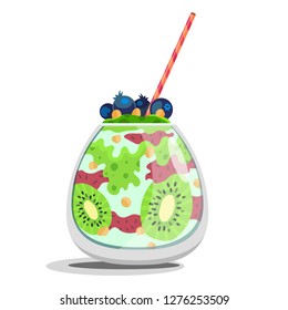 Vector isolated illustration of a fresh fruit smoothie with a striped straw. Healthy cocktail. Kiwi, blueberry, nuts, avocado, cream. Refreshing lemonade. EPS 10