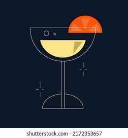 Vector isolated illustration of a geometric  cocktail glass symbol with orange slice on a dark background. Drink party minimal art