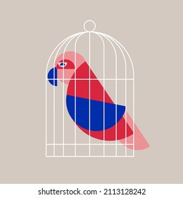 Vector isolated illustration of a geometric dark blue red parrot in a white line cage on a light beige background. Simple flat bird. Logo art style