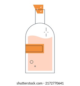 Vector isolated illustration of a geometric labelled glass bottle with liquid and a cork. White background. Minimal art drink symbol
