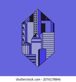 Vektorgrafik einer geometrischen Nachtstadt in einem Sechseck. Violett, violett und lila. Line Art, Logo-Stil. Gebäude, Architektur, Stadtlandschaft, Wolkenkratzer