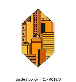 Vector isolated illustration of a geometric orange city buildings in a line hexagon. Architecture, cityscape. Minimalistic logo style. Sunset town