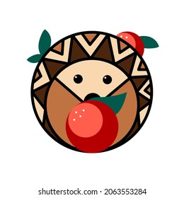 Vector isolated illustration of a geometric round hedgehog with red apples and green leaves. Circles and triangles. Brown forest animal with needles. Logo, design, decor, minimal