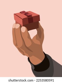 Vector isolated illustration of a gift in a man's hand. Winning the lottery. An unexpected offer. Red gift box.