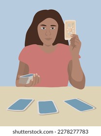 Vector isolated illustration of a girl fortune telling on tarot cards. Prediction of the future. Young fortune teller.