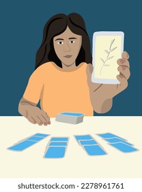 Vector isolated illustration of a girl fortune telling on tarot cards. Young woman fortune teller. Prediction of the future. Tarot online.