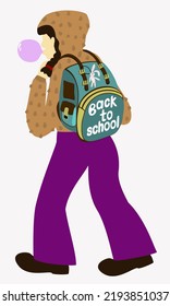 Vector isolated illustration of a girl going to school with huge backpack. Back to school.