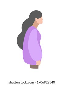 Vector isolated illustration with girl. Incorrect slouching posture. Creative concept. Purple colors. White background. Flat style