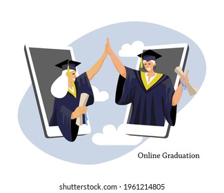 Vector isolated illustration of girls celebrating graduation online. Concept of virtual remote graduating ceremony. Successful women in higher education system. Students finishing college, university.