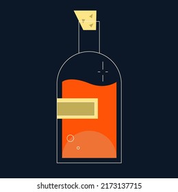 Ilustración aislada del vector de una botella de vidrio con una etiqueta y un corcho sobre un fondo azul oscuro. Líquido naranja. Símbolo mínimo de la noche de fiesta 