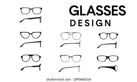 Vector isolated Illustration of a Glasses Frame Set. Set of Black glasses Frame Front and Side View