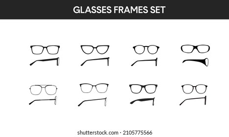 Vector isolated Illustration of a Glasses Frame Set. Set of Black glasses Frame Front and Side View