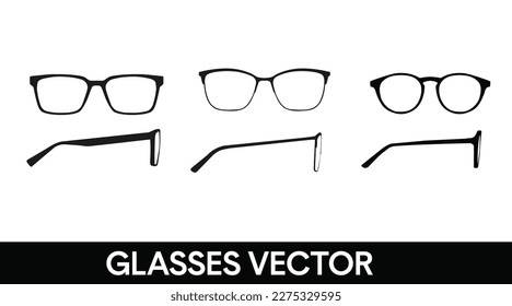 Vector isolated Illustration of a Glasses Frame Set. Set of Black glasses Frame Front and Side View