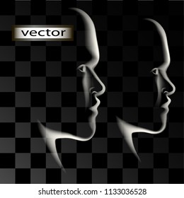 Vector isolated illustration of glowing white silhouette of human face in profile transparent on dark background.