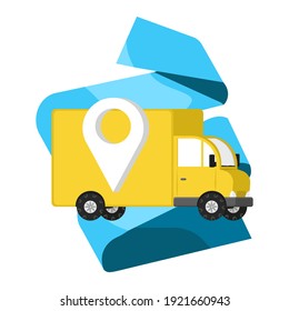 Vector isolated illustration with gold car, delivery truck on blue, folded ribbon background. Concept icon, symbol for delivery of goods, services, businesses.