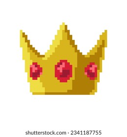 Vector isolated illustration of a gold pixel crown with rubies on a white background. Retro bit game art style. Minimal geometric symbol