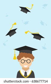 Vector isolated illustration of Graduation ceremony with male student character in Graduate mania with goggles .flying academic hats, throw mortar boards in the sky on blue background