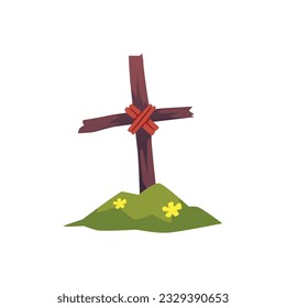 Vector isolated illustration of grave cross. Old wooden homemade cross on the ground in memory of the deceased. Consequences of an earthquake or apocalypse concept. Great for elements of games or app