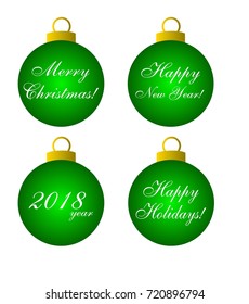 Vector isolated illustration of green Christmas balls with engraved merry Christmas and Happy New year