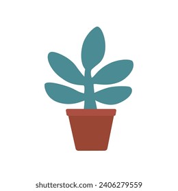 Vector isolated illustration with green icon of plant in ceramic pot. Greens foliage makes urban jungle at home. Greenery is symbol of saving ecology and care about nature. 