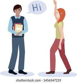 Vector isolated illustration of greeting students. Young people at school, college or university. Boy with books says hi